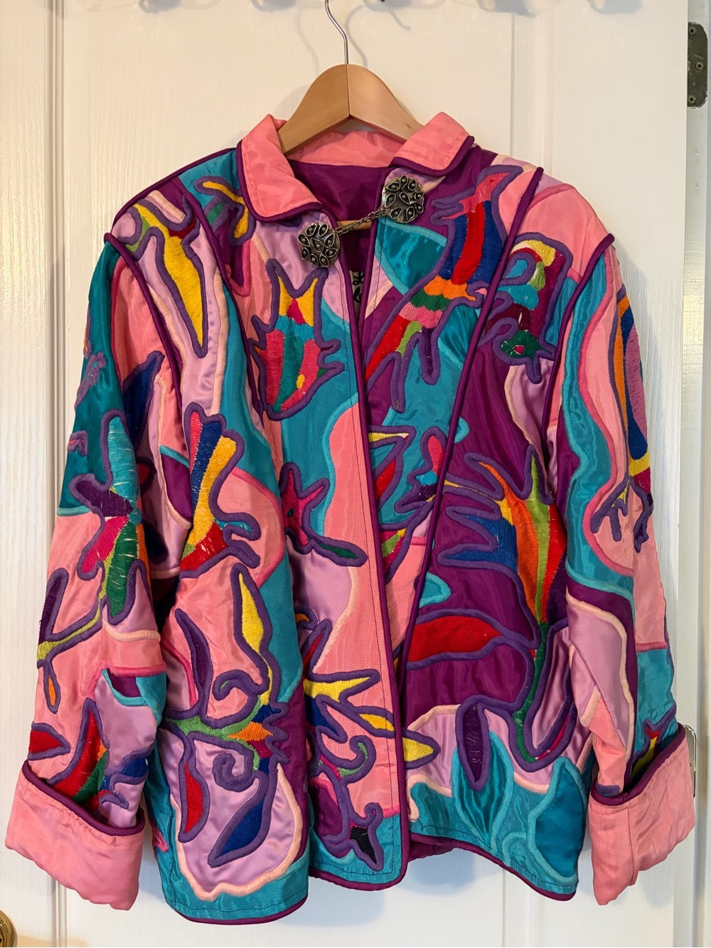 Embroidered Multicolor Jean Jacket - Pink & Teal
